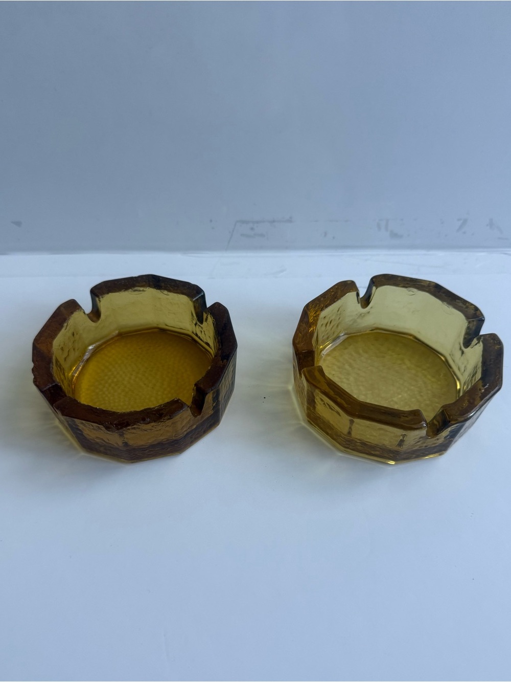 Vintage Blenko MCM Amber Art Glass Ashtray Mid Century Decor Pebbled 4 Notch Set